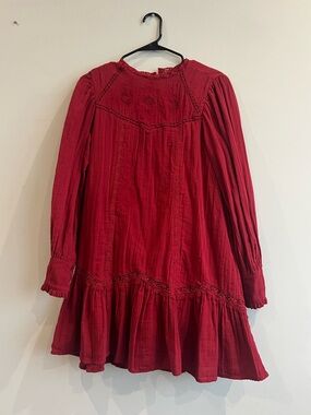 Crimson Red Long-Sleeve Ruffle Hem Dress